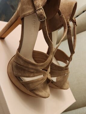 Taupe Suede High Heel Sandals - Women's Strappy Dress Heels Size 7